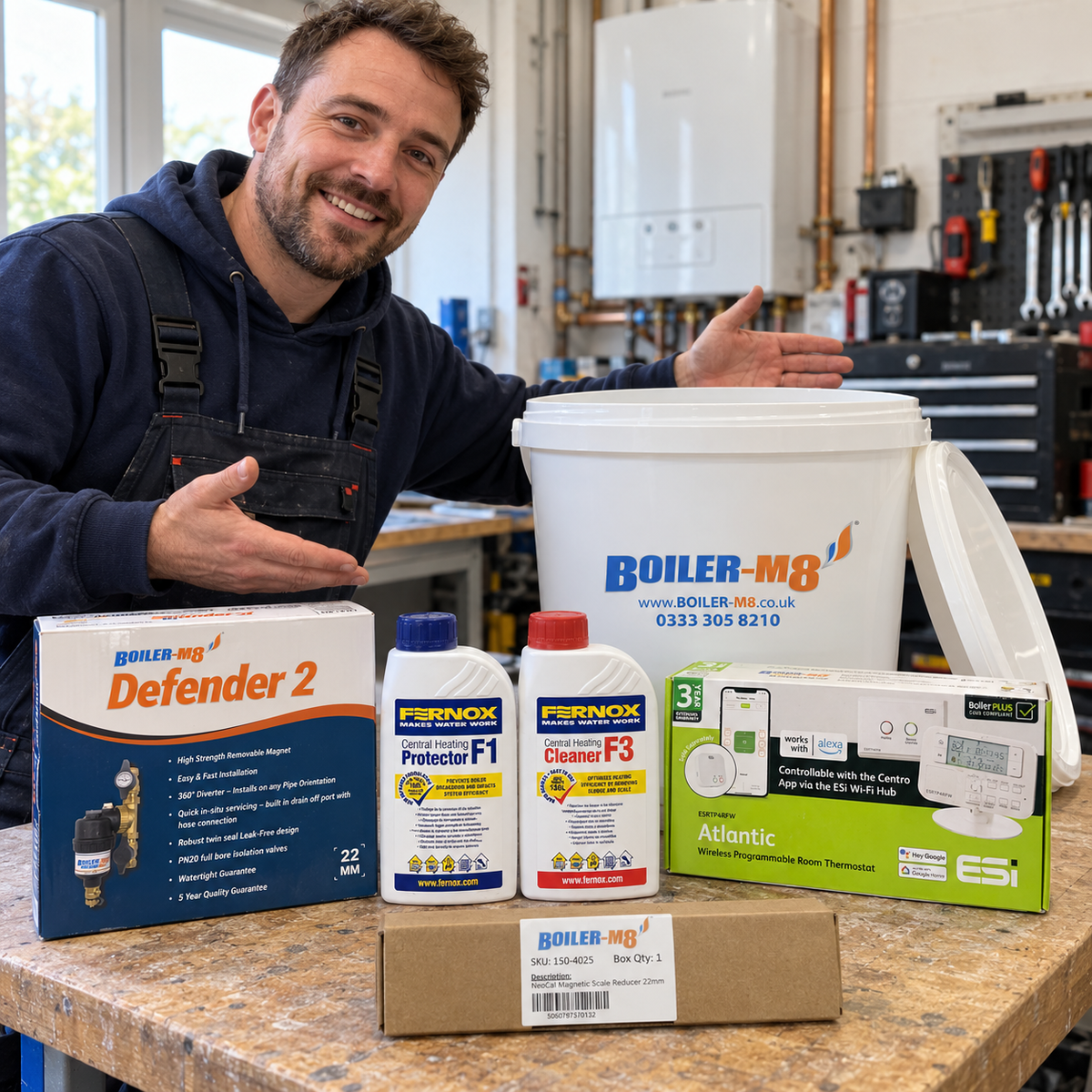 Boiler‑M8 Installer Bucket | 22mm Filter, Fernox F1 & F3, Scale Reducer and ESI Wireless Thermostat