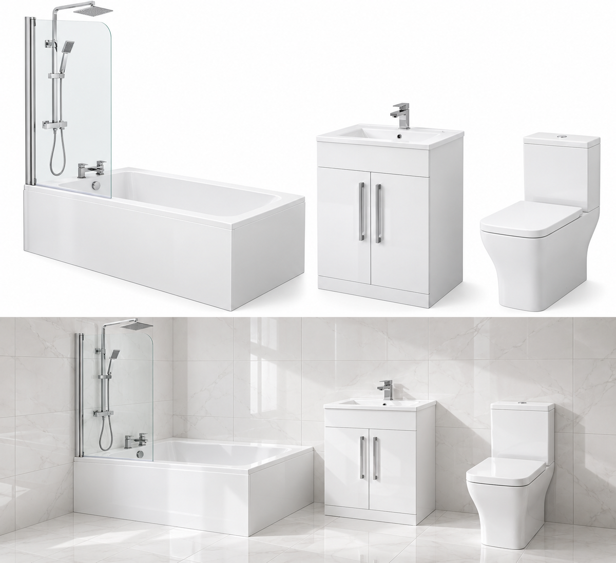 Giavani Complete Bathroom Suite – 1700mm Bath, Gloss White Vanity & Chrome Fittings