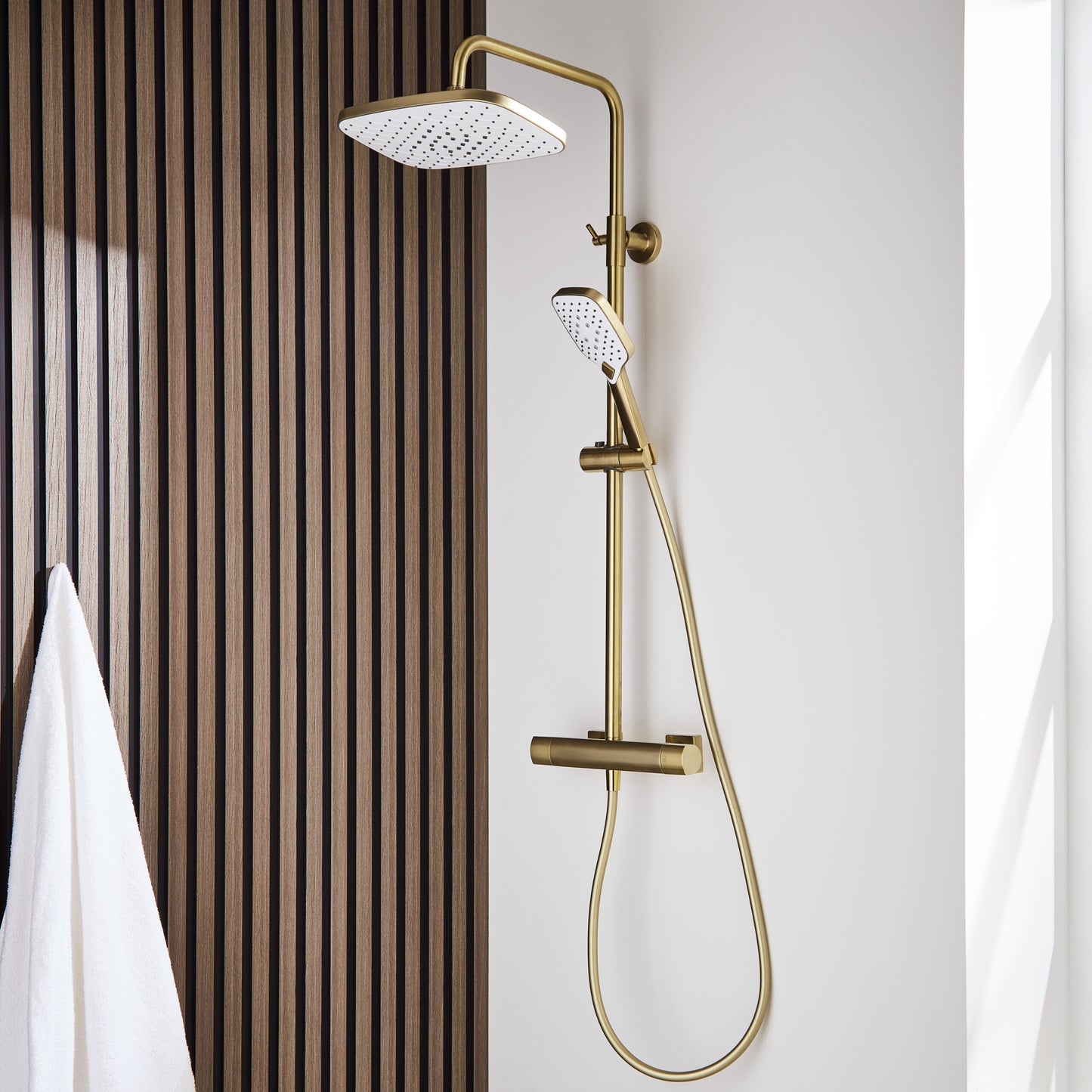 Kolt Brushed Brass Shower – Overhead Drench Head & Sliding Handset