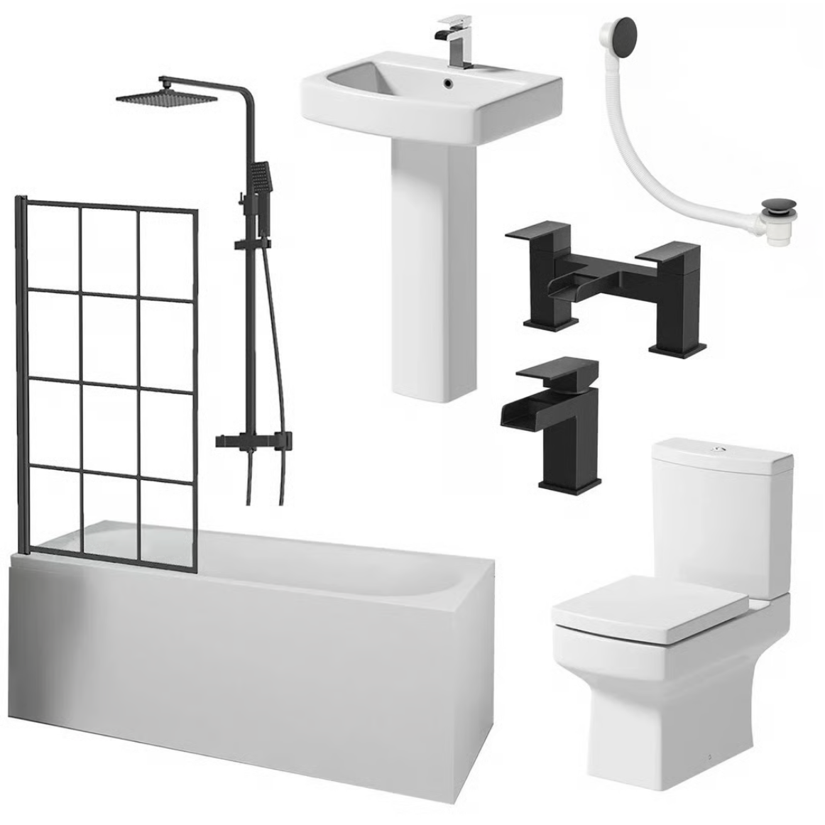 Hyde Black Bathroom Suite with 1700mm Single Ended Bath, Toilet, Basin, Taps, Shower & Waste
