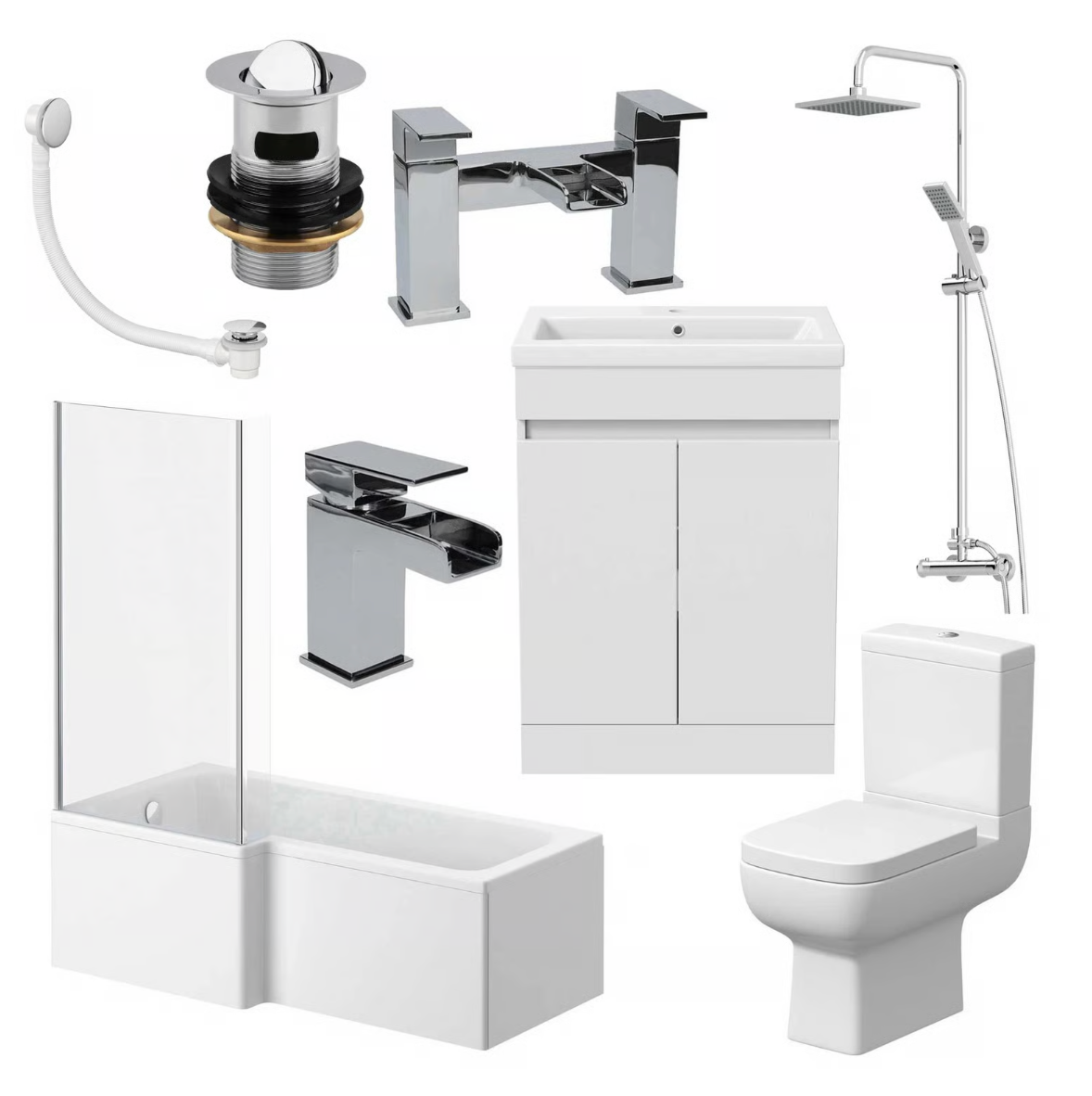 Hyde Bathroom Suite with 1700mm LH Bath, Toilet, Artis Vanity, Taps, Shower, Screen & Waste
