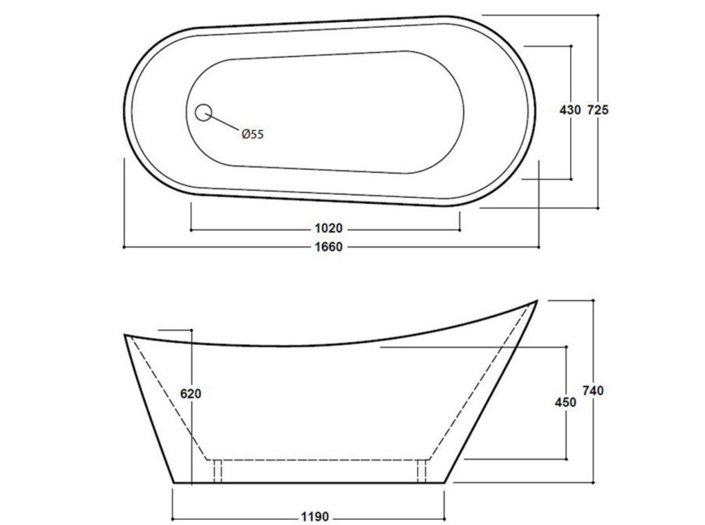 Synergy Arruba 1660mm Matt White Slipper Bath