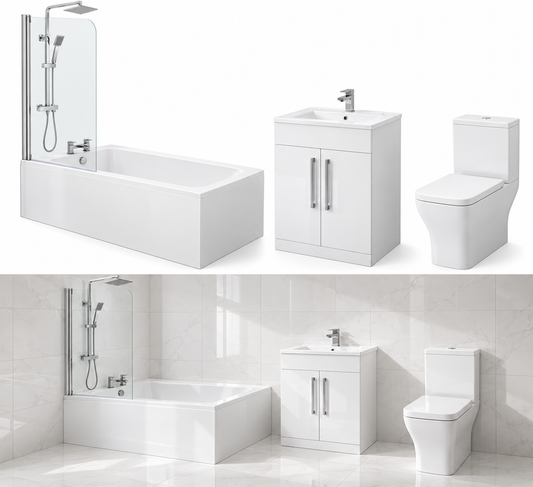 Giavani Complete Bathroom Suite – 1700mm Bath, Gloss White Vanity & Chrome Fittings