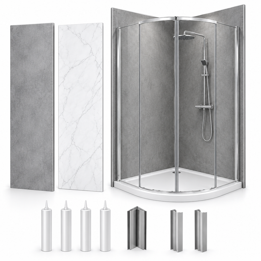900 x 900 Shower Wall Panel Pack – 10mm PVC | Concrete Grey or Carrera White Matt