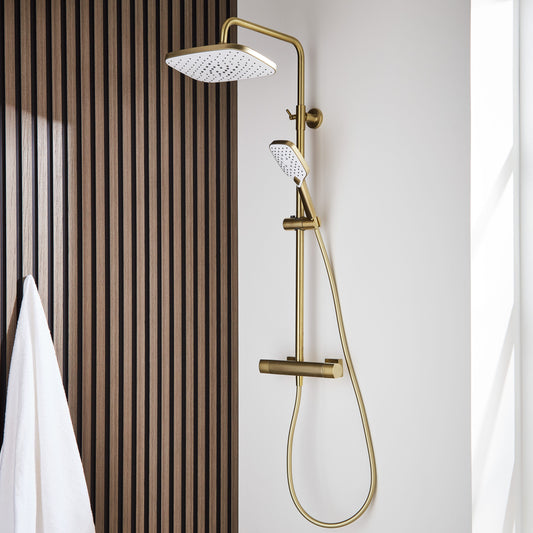 Kolt Brushed Brass Shower – Overhead Drench Head & Sliding Handset
