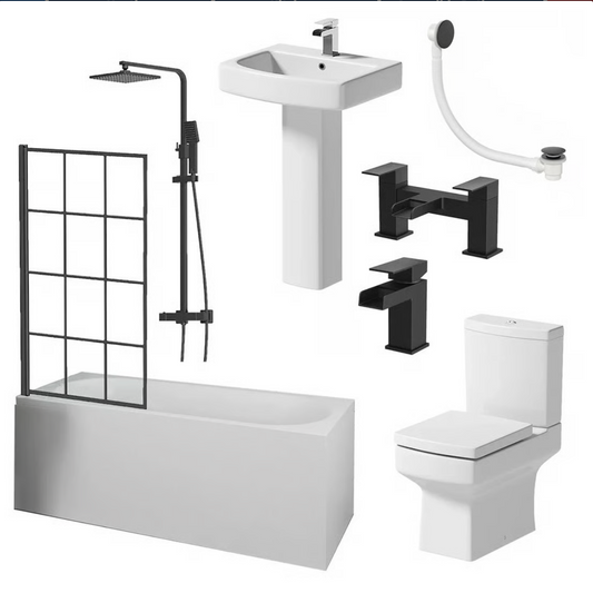 Hyde Black Bathroom Suite with 1700mm Single Ended Bath, Toilet, Basin, Taps, Shower & Waste
