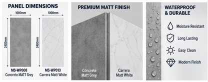 900 x 900 Shower Wall Panel Pack – 10mm PVC | Concrete Grey or Carrera White Matt