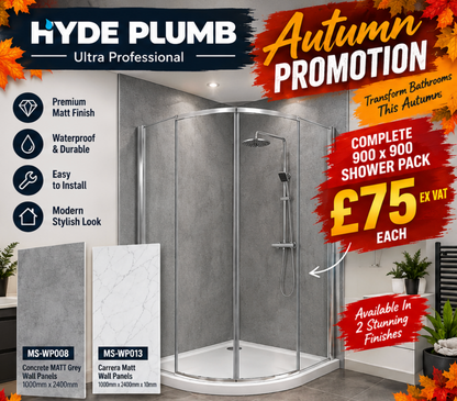 900 x 900 Shower Wall Panel Pack – 10mm PVC | Concrete Grey or Carrera White Matt