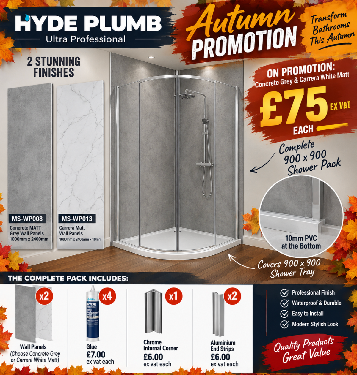 900 x 900 Shower Wall Panel Pack – 10mm PVC | Concrete Grey or Carrera White Matt