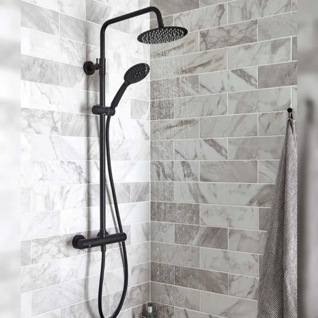 Kartell K-VIT NERO ROUND THERMOSTATIC EXPOSED BAR SHOWER WITH OVERHEAD DRENCHER AND SLIDING HANDSET