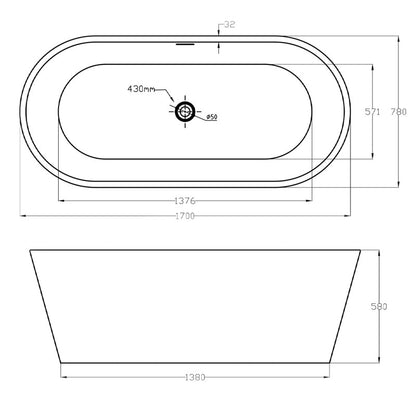 Synergy Lugano 1700mm Modern Freestanding Bath